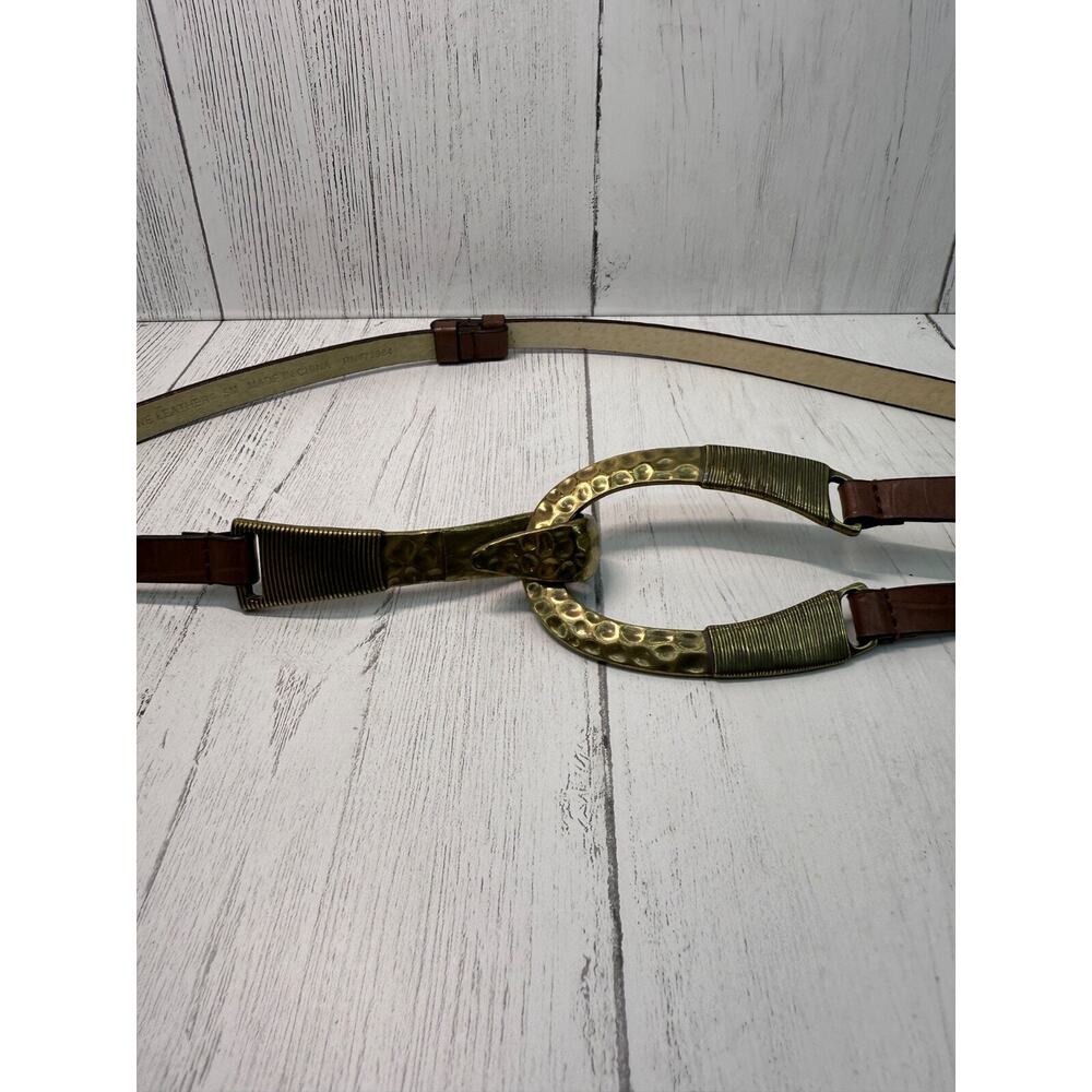 Chico's Hammered Brass Brown Leather Adjustable Belt Artsy Boho Small Medium - Picture 2 of 14